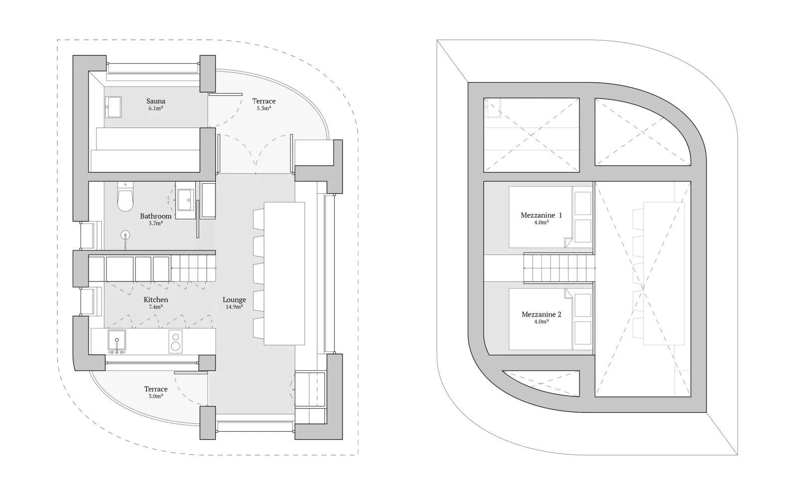 EcoNeo floor plan showing the central living space, storage stair, sauna, terrace and compact 35 m² layout