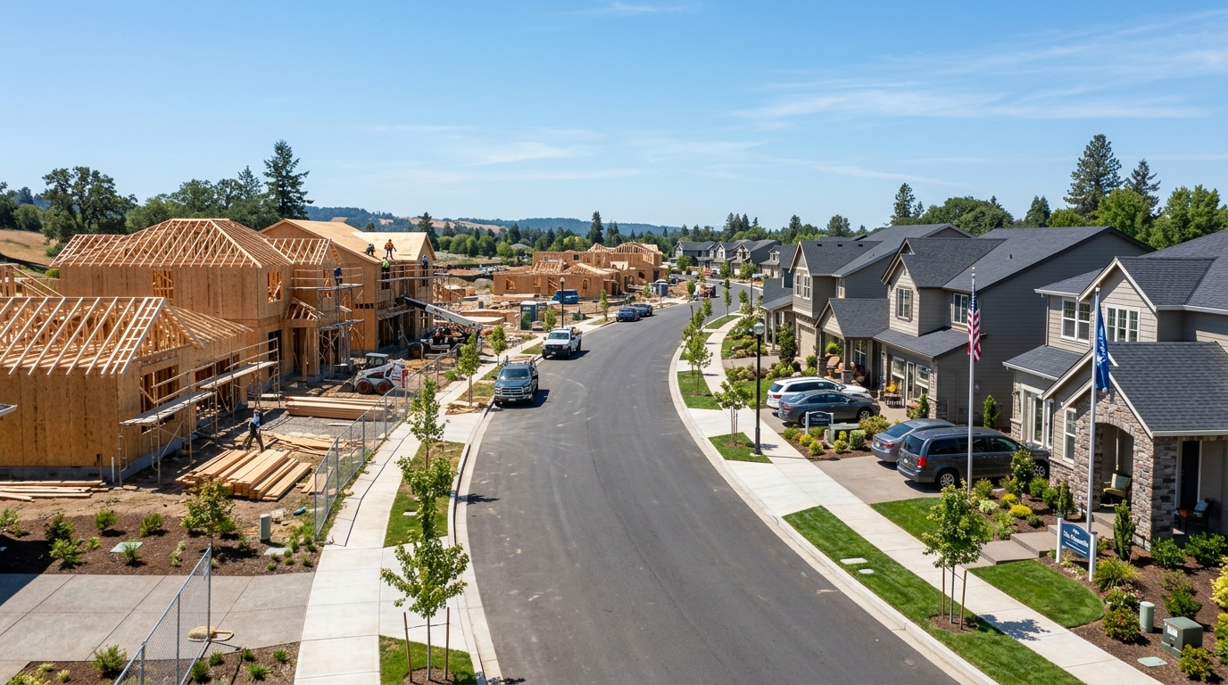 New single-family homes under construction beside finished model homes in a master-planned community