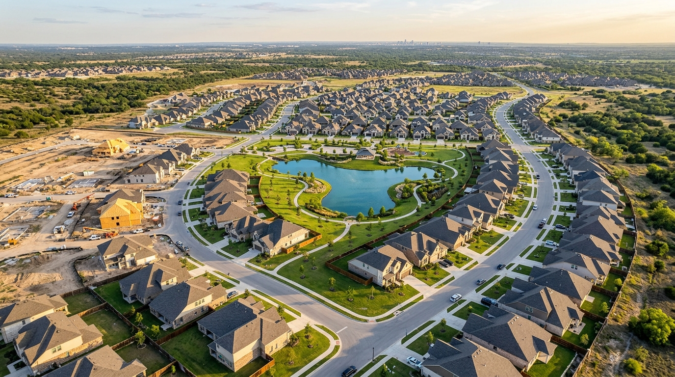 Aerial view of a new master-planned exurb neighborhood with rows of new homes and lots under construction