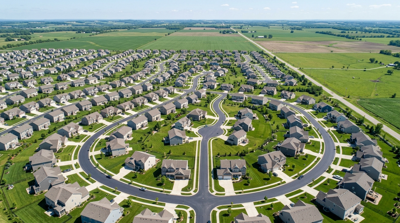 Aerial view of an exurban cul-de-sac subdivision with large lots and no walkable destinations