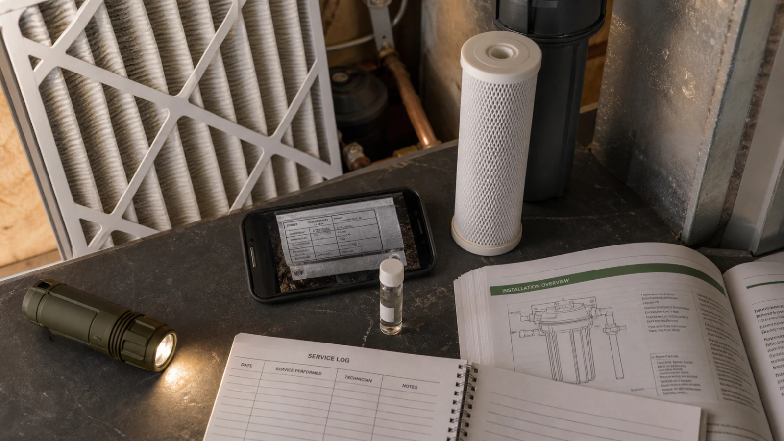 Air filter, water-filter cartridge, equipment label photograph, service log and installation manual prepared for a property inspection