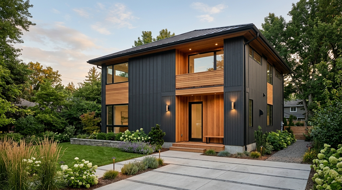 Finished modern factory-built home with clean lines on a landscaped lot
