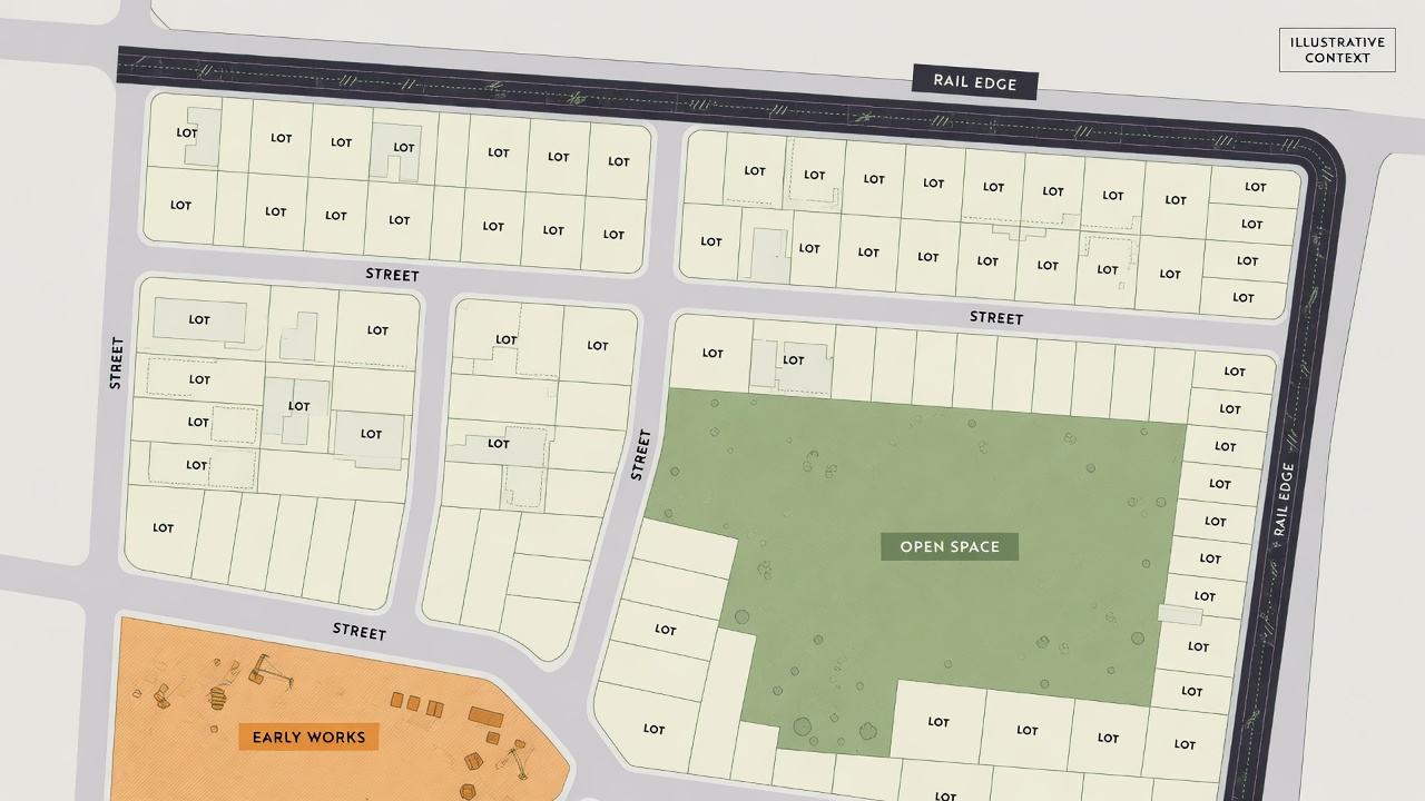 Site-context diagram distinguishing a lot, planned street, open space, rail edge and early utility works