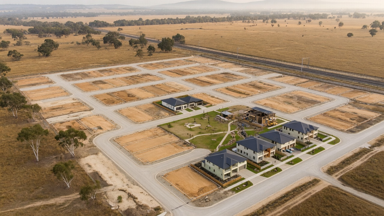 Illustrative aerial plan of a future first-homebuyer precinct showing compact lots, streets, open space and early infrastructure