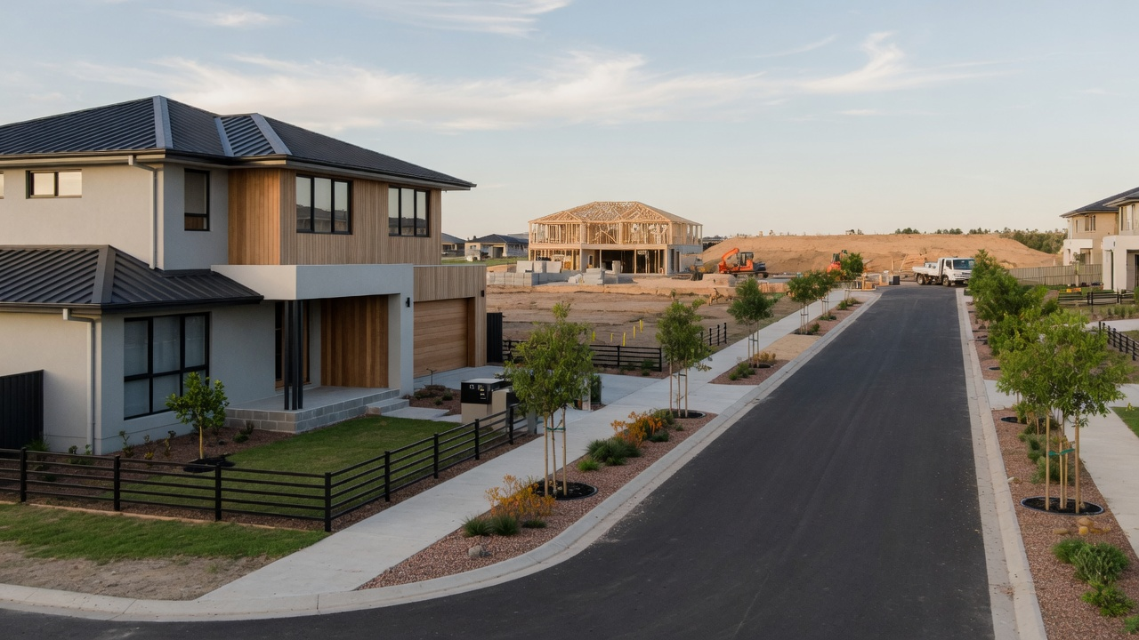 Architectural visualization of a compact new home seen from a newly formed residential street with visible lots and open space
