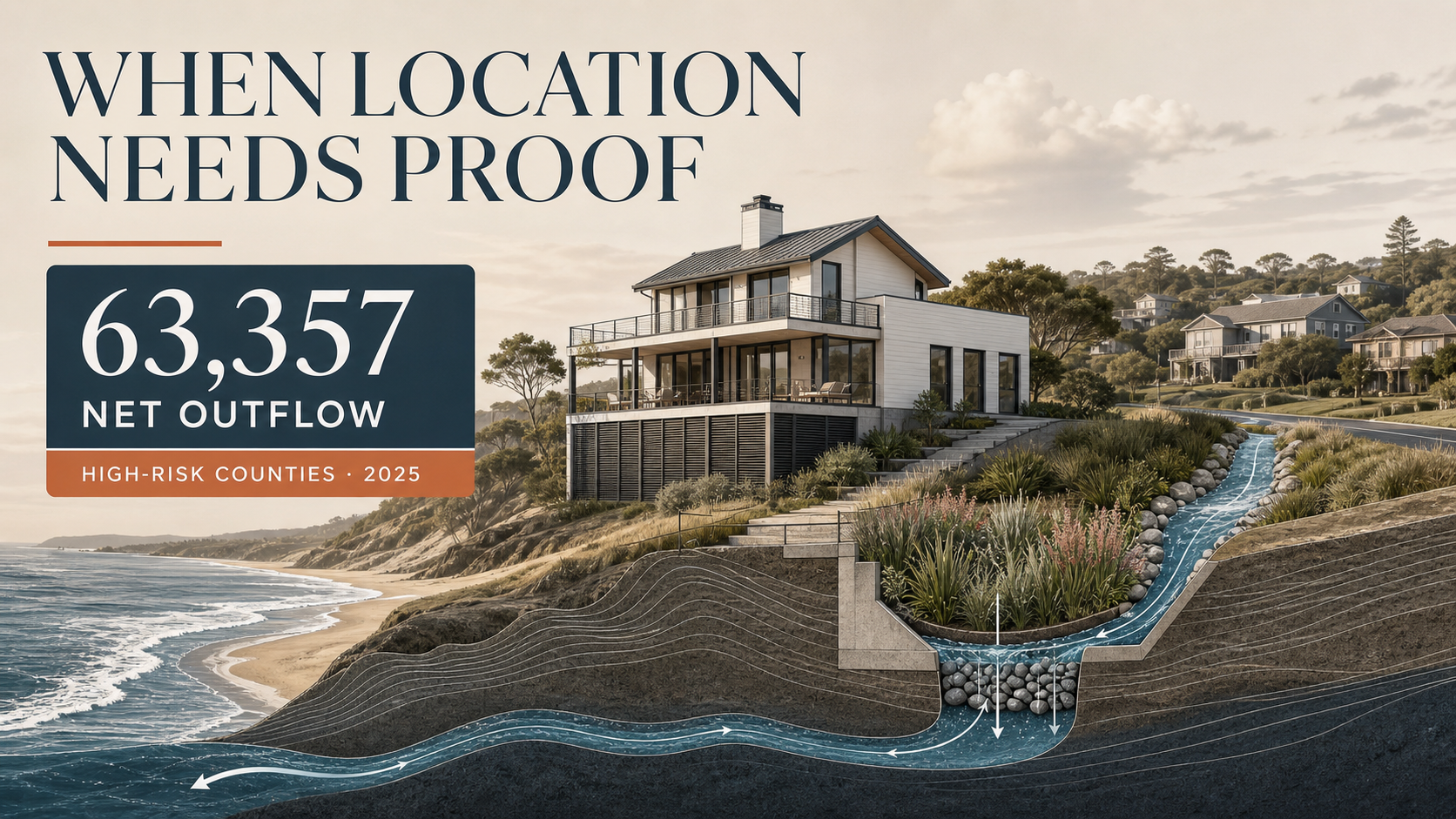 Editorial graphic showing a coastal house site and Redfin’s 63,357 net domestic outflow figure for high-flood-risk counties in 2025.