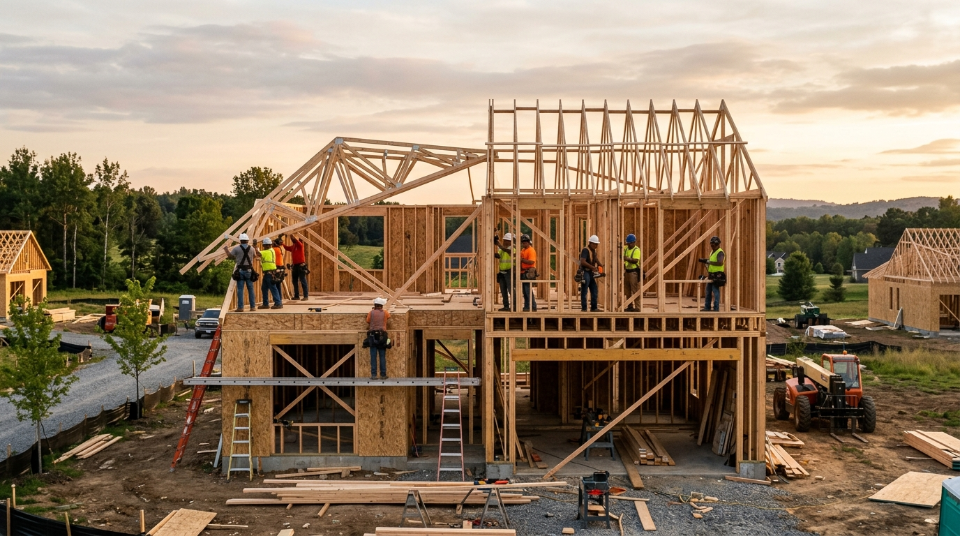 Framing crew assembling the wood structure of a new single-family house