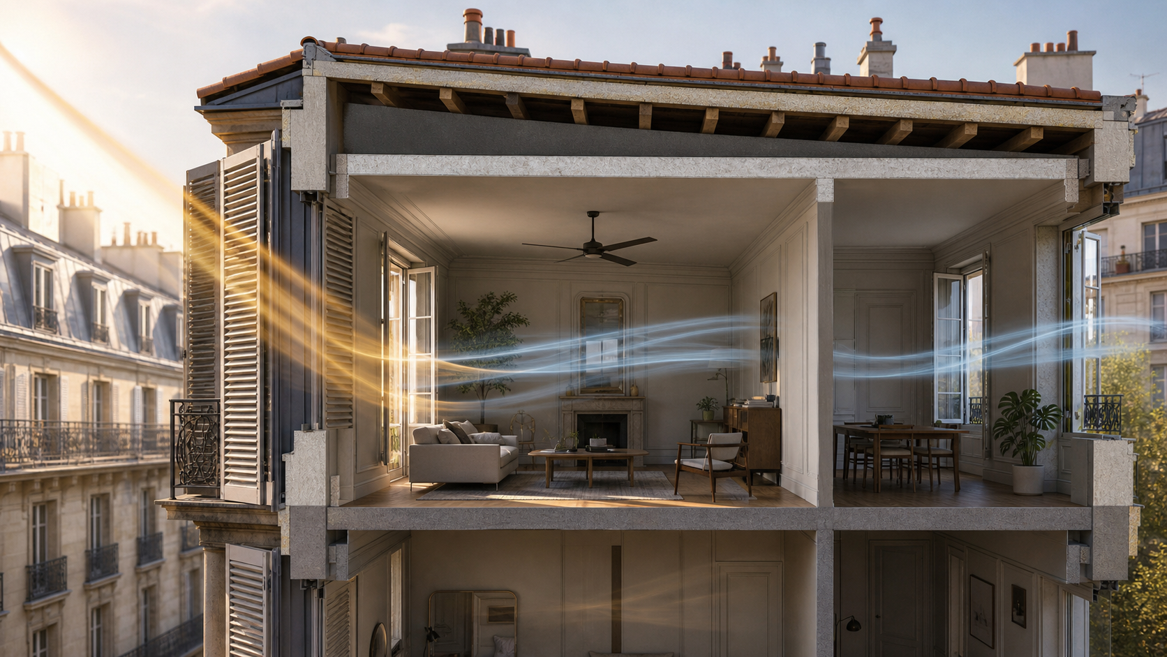 Cutaway of a French apartment showing exterior shutters, roof insulation, cross-ventilation and a ceiling fan