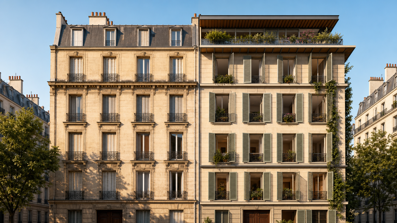 Comparison of two French apartment facades, including exterior shutters and deeper shade
