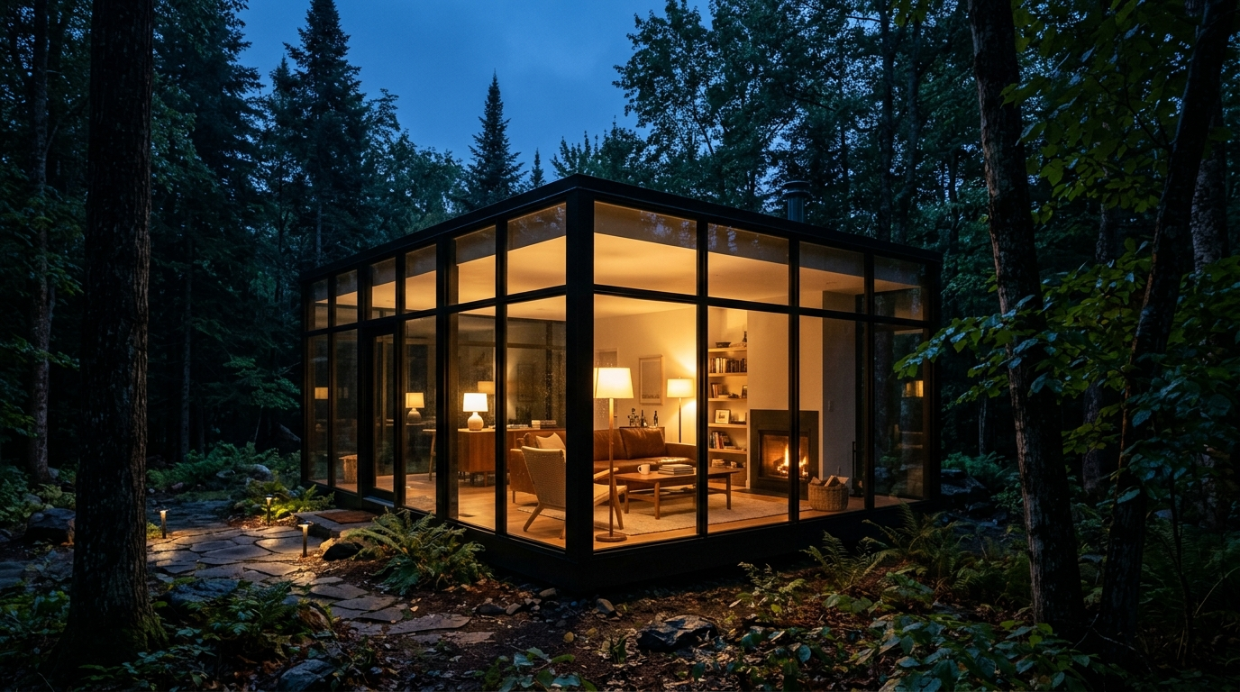 Glass living room glowing warmly at dusk among dark trees