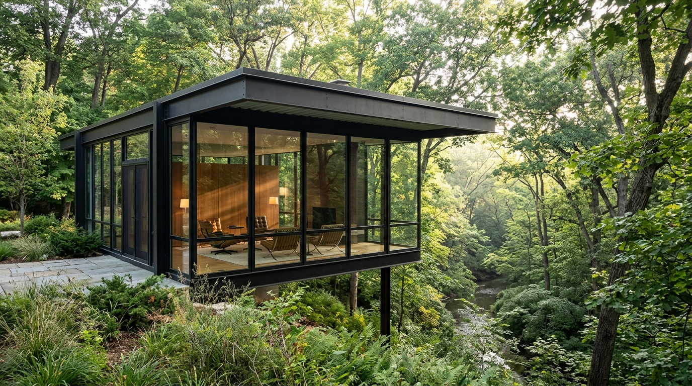 Steel and glass pavilion cantilevered over a wooded ravine in morning light