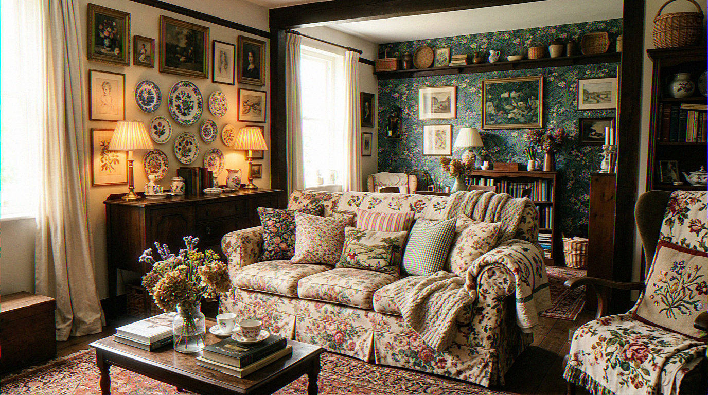 Grandmacore living room layering vintage furniture, framed art, patterned textiles and warm neutrals