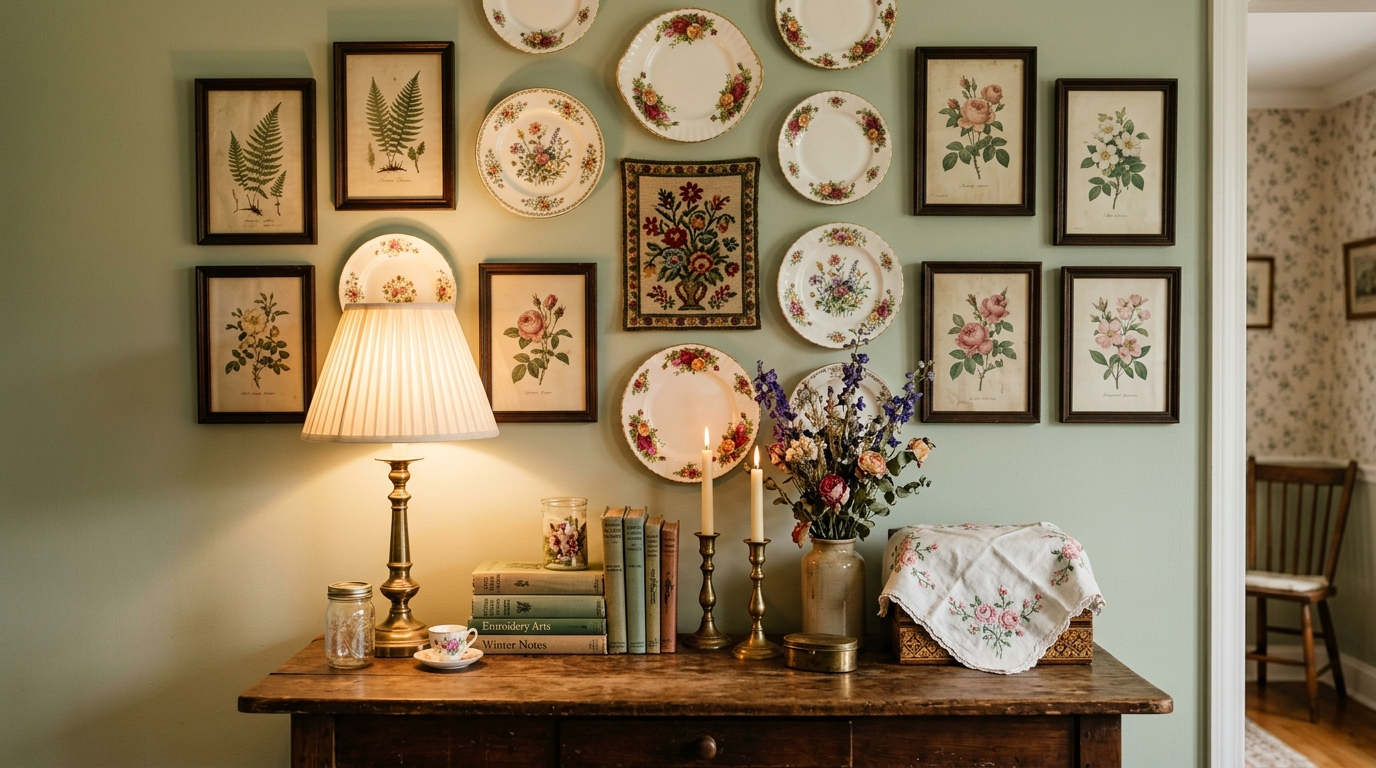 Grandmacore plate wall mixing vintage floral ceramics, botanical prints and a needlepoint panel above a styled console