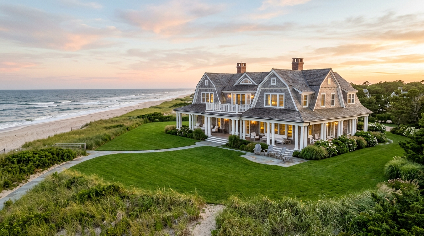 Classic shingle-style Hamptons oceanfront estate with lawn running toward the water