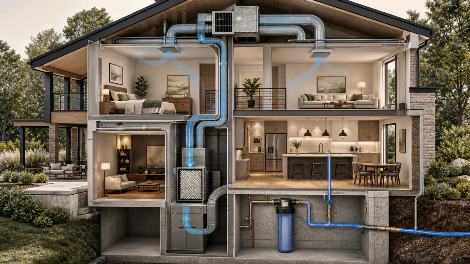 Cutaway view of a home showing separate HVAC air-filter and whole-house water-filtration paths