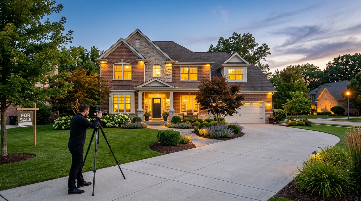 A well-presented suburban home for sale at dusk with warm interior lights and a real estate photographer capturing the facade