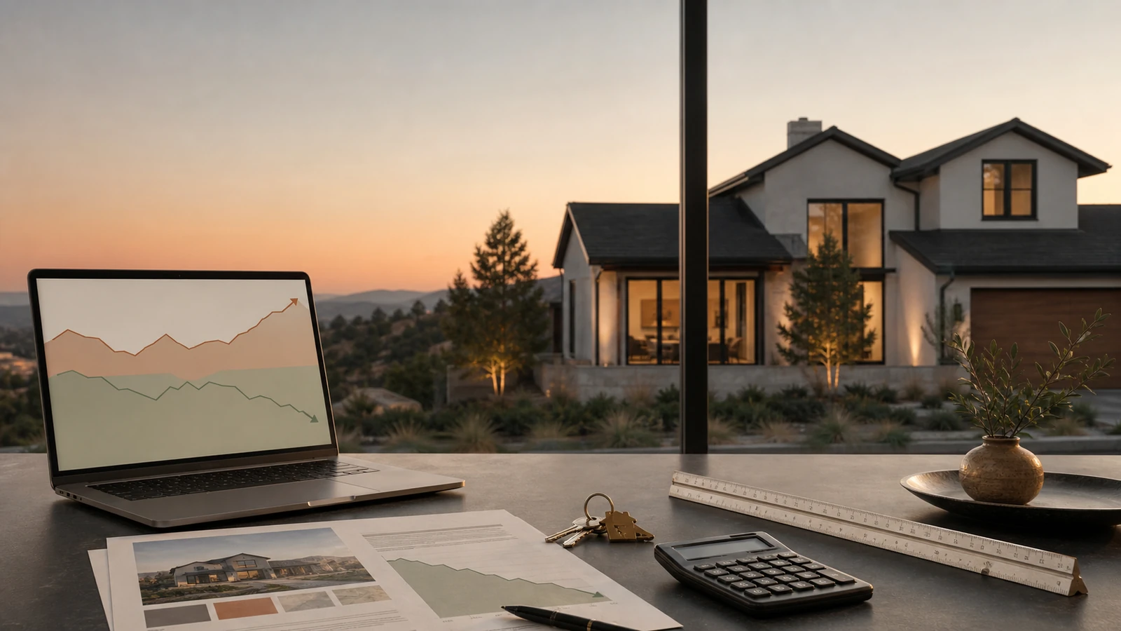 June 2026 housing-price research on a laptop beside a modern home