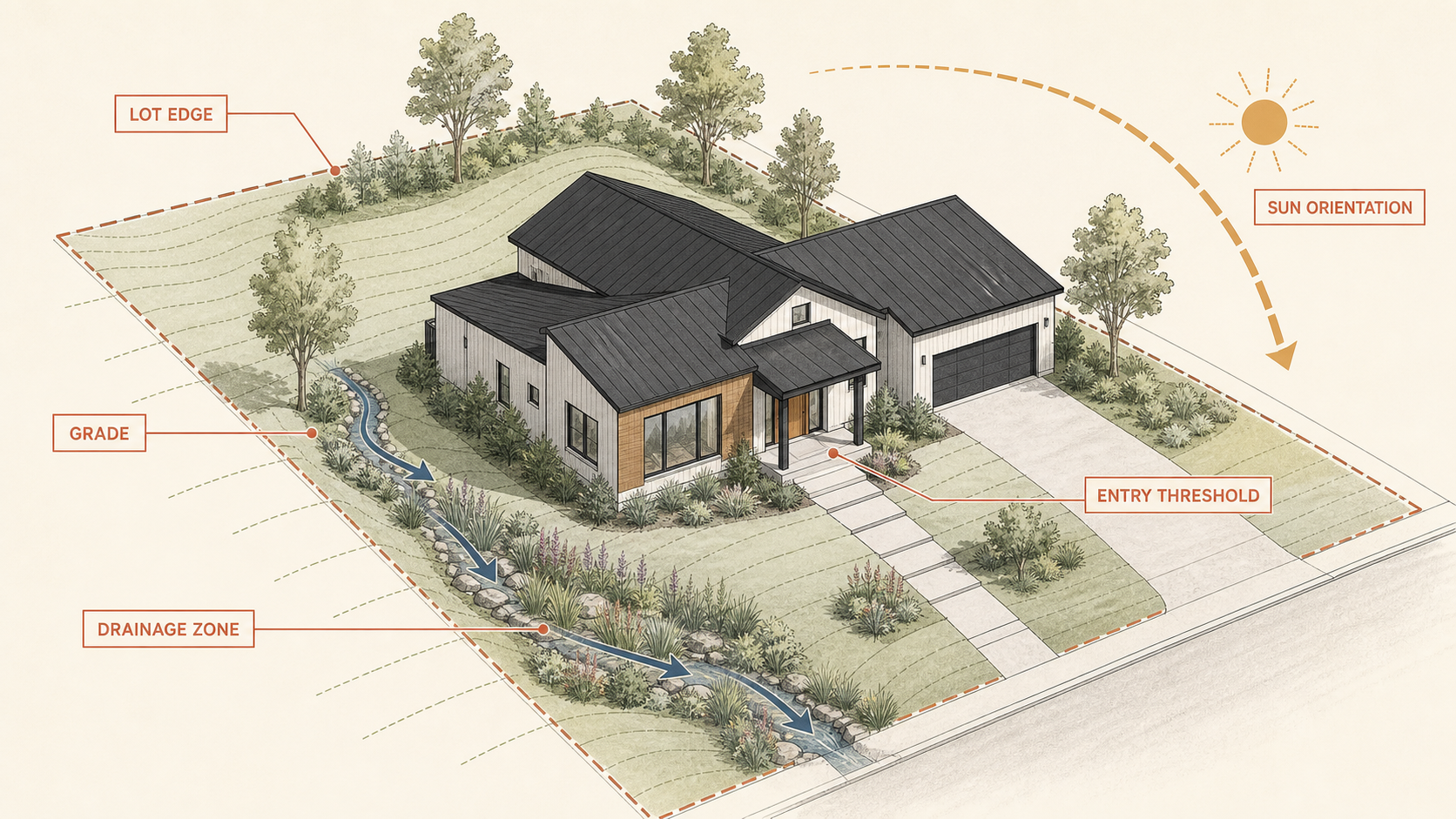 Generic home site diagram labeling lot edge, grade, entry threshold, drainage zone and sun orientation.