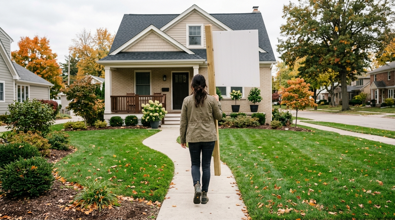 Homeowner carrying a blank yard sign away from the front lawn of a suburban house