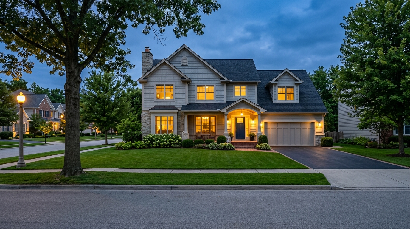 Suburban house at dusk with an empty front lawn and no for-sale sign