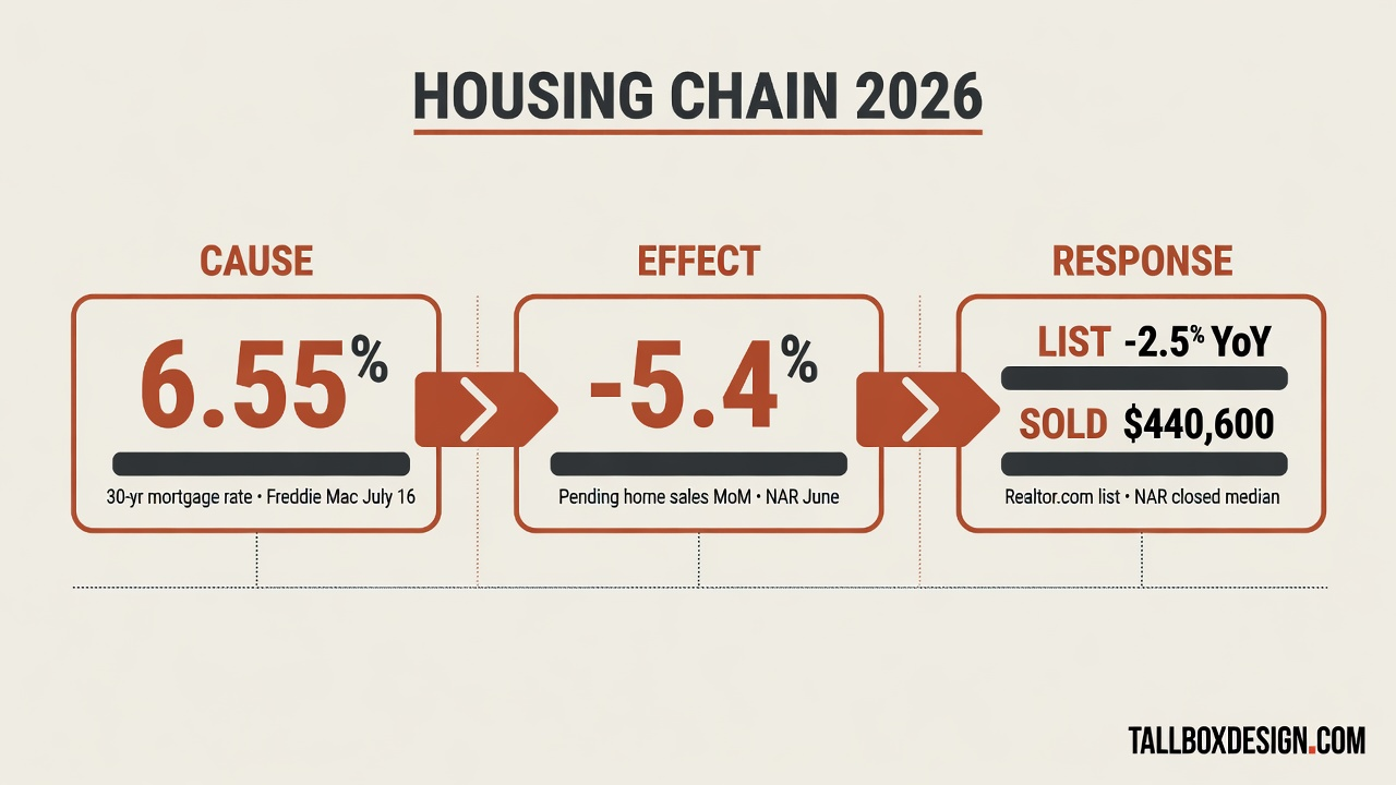 Infographic titled HOUSING CHAIN 2026: 6.55% mortgage rate leads to pending sales down 5.4% then list prices down 2.5% while sold price hits 440600