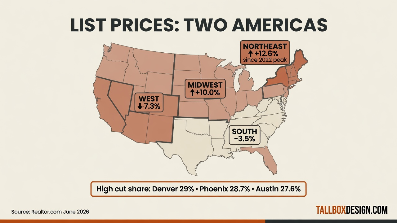 Infographic map of US housing list price split: Northeast and Midwest still up from 2022 peak, South and West lower, with Denver Phoenix Austin high price-cut shares