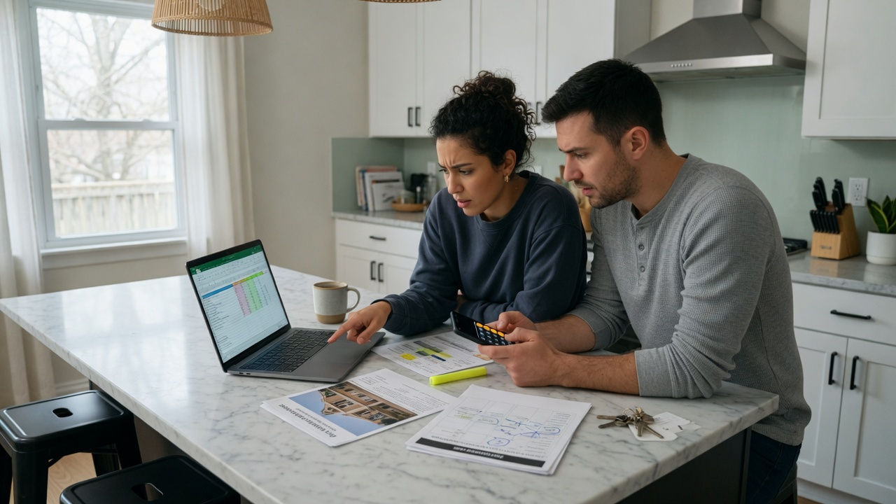 Young couple reviewing mortgage payment numbers on a laptop in a sunlit kitchen while touring a listed home