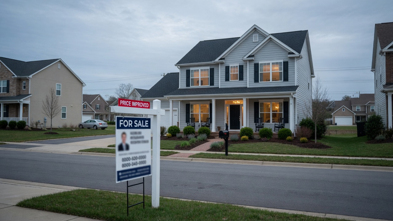 Suburban for-sale home with a price reduction sign under a cloudy sky, symbolizing rising mortgage rates and softer list prices