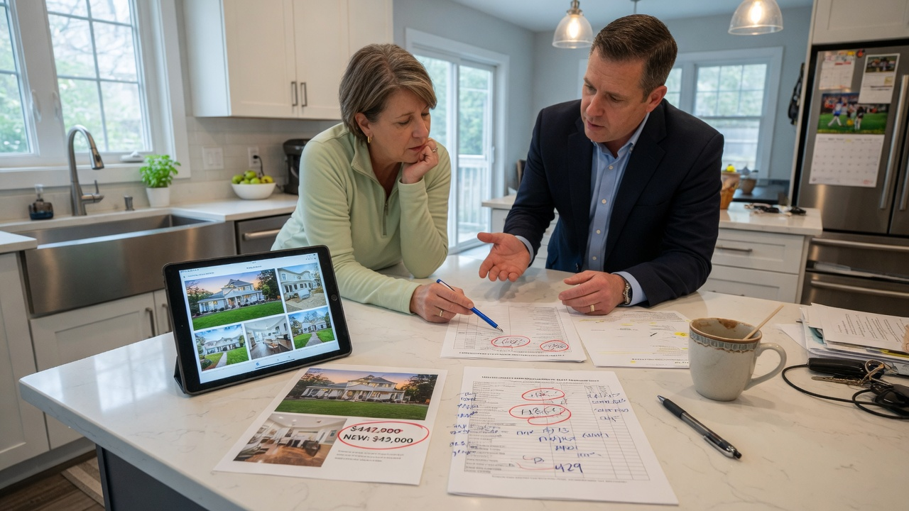 Real estate agent and homeowner reviewing a revised listing price sheet on a kitchen island with professional listing photos on a tablet
