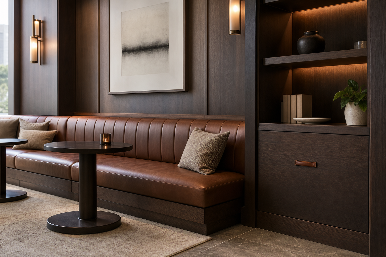 Bespoke leather banquette seating integrated with dark oak joinery in a refined hospitality interior