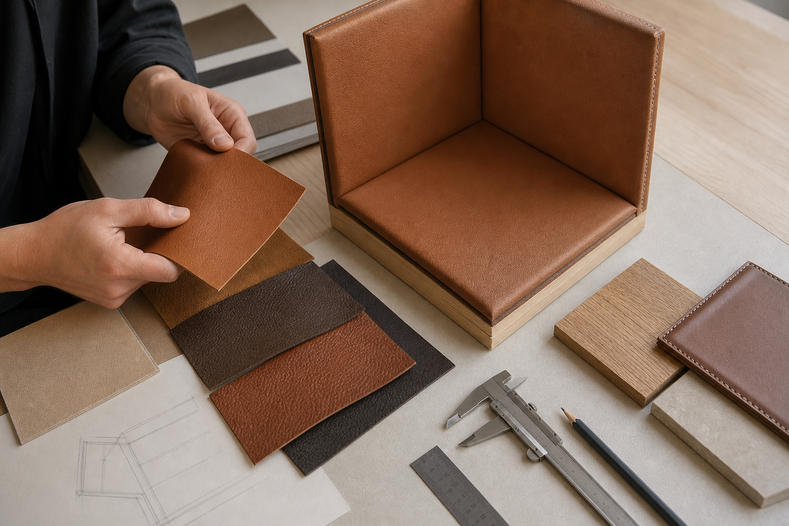 Interior designer comparing leather swatches with a full-size stitched corner detail mock-up