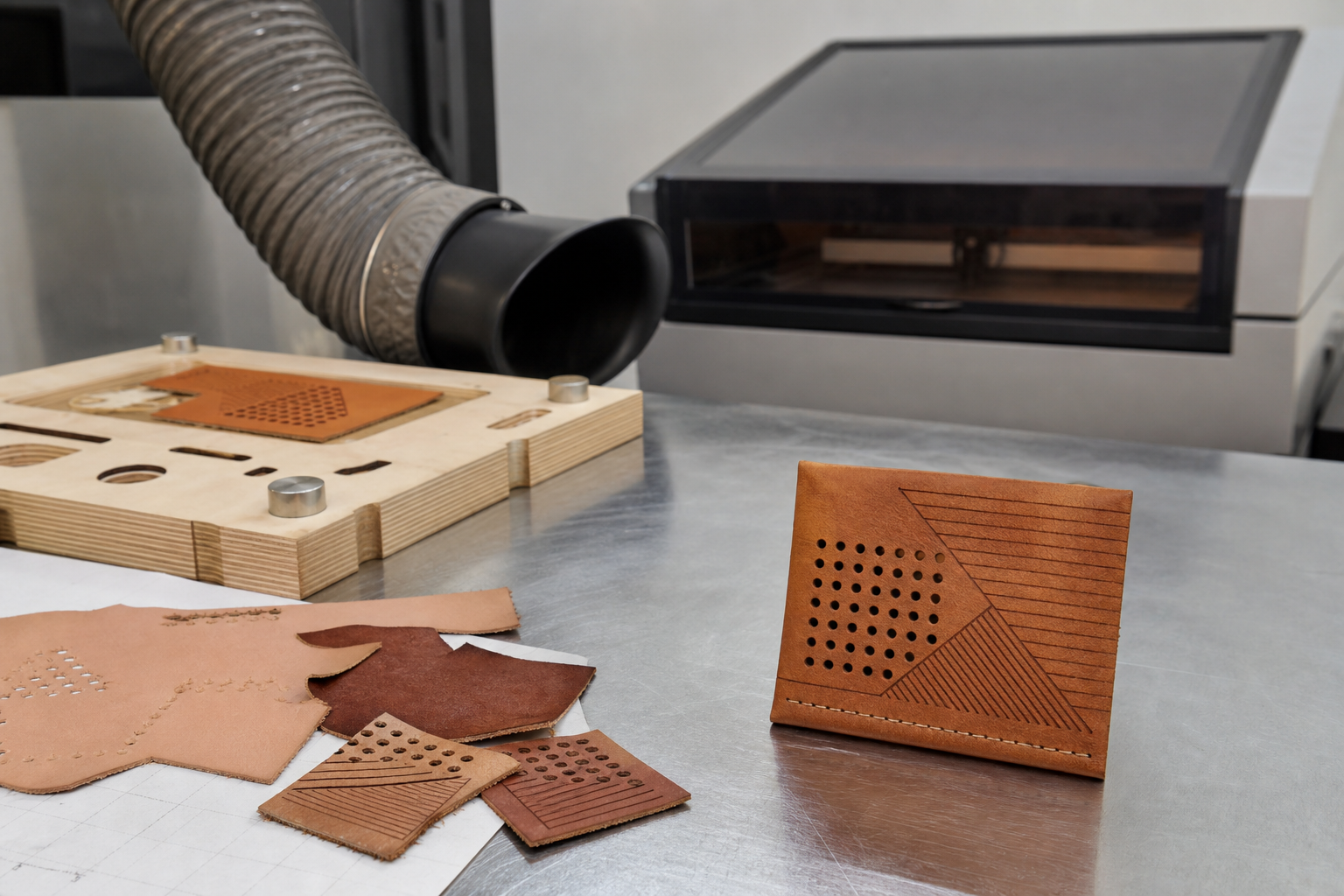 Leather pattern and perforation test pieces arranged beside a controlled workshop extraction setup