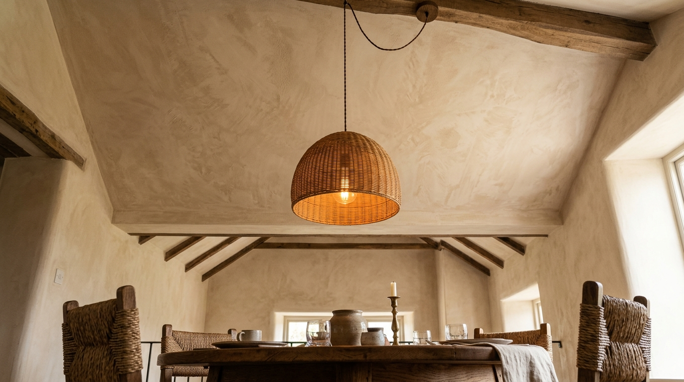 A dining room with a limewash plaster ceiling in a soft warm tone, chalky and textured