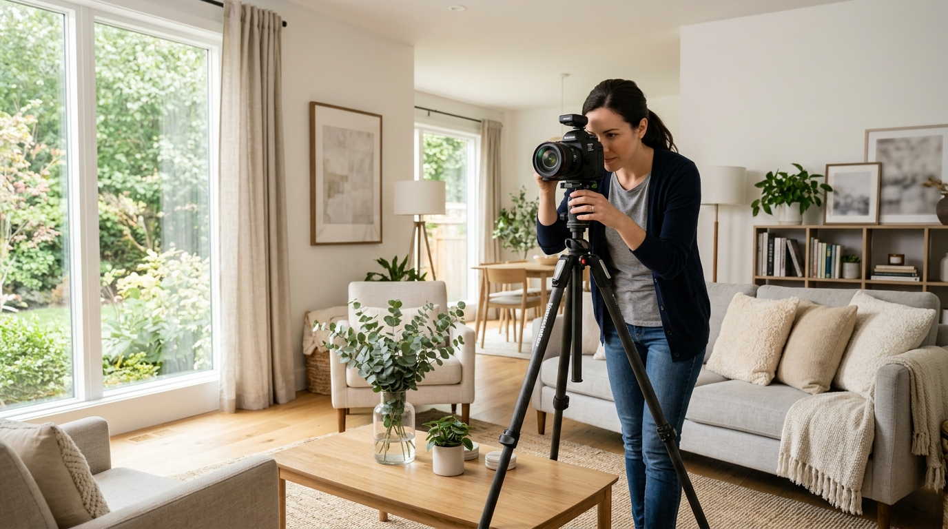 Real estate photographer shooting a staged living room with a camera on a tripod