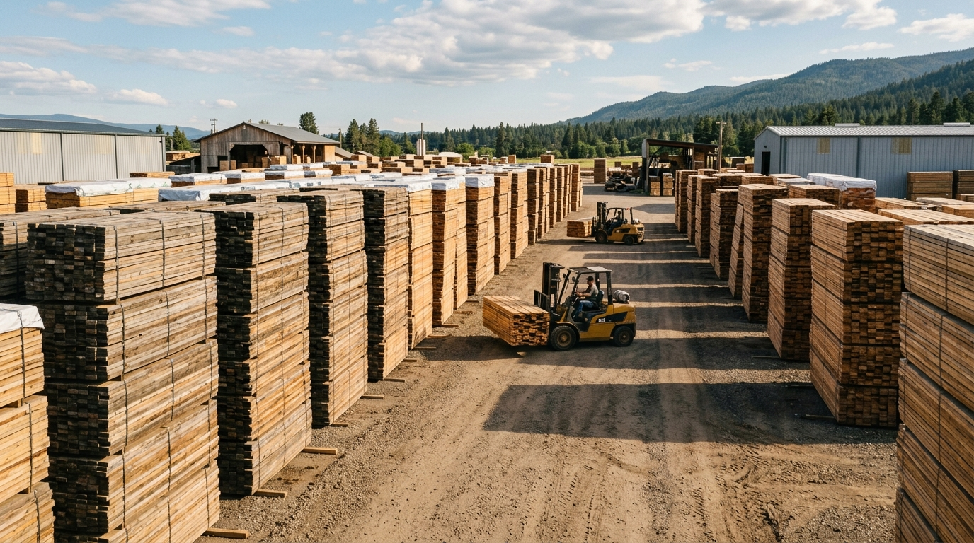 Stacked softwood lumber packages in an American lumber yard