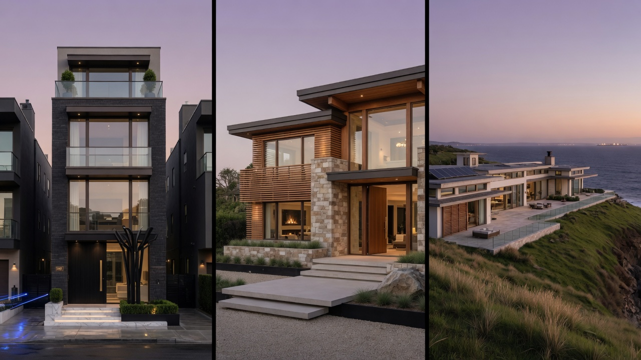 Concept triptych of three luxury property types: a polished urban townhouse, a custom wood and stone residence, and a coastal bluff estate