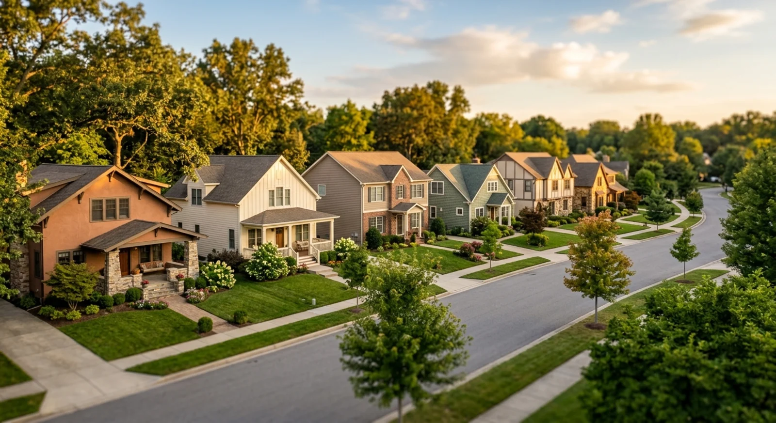 Editorial photograph of a varied American suburban neighborhood, representing the kind of metro-level housing market the Realtor.com Market Clock tracks across 100 cities