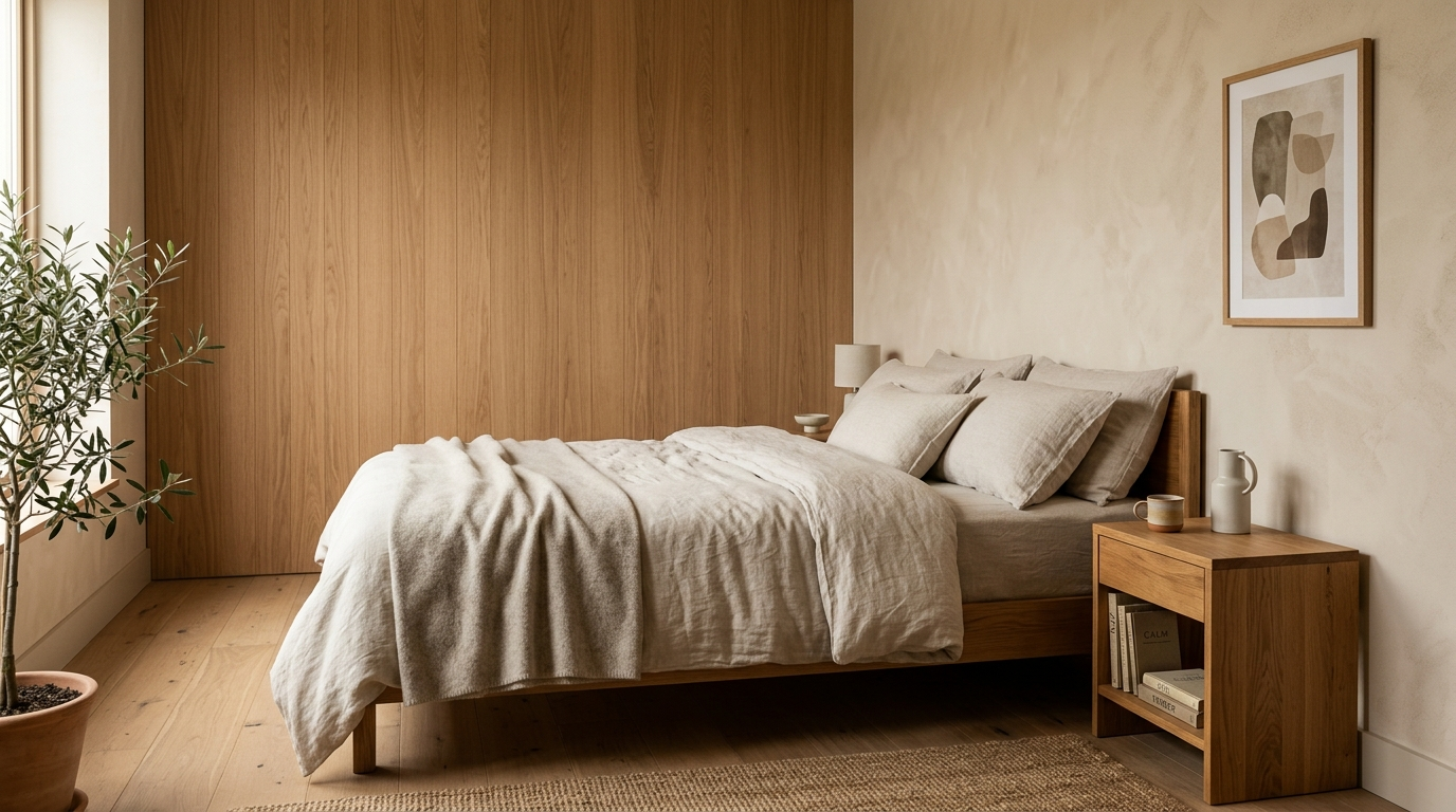 A midiminimalist bedroom with a warm wood paneled wall, limewash plaster, linen bedding and a single artwork
