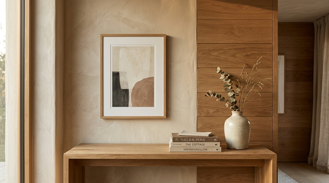 Detail of midiminimalism: a limewash plaster wall meeting warm wood paneling with art and books on a wood console