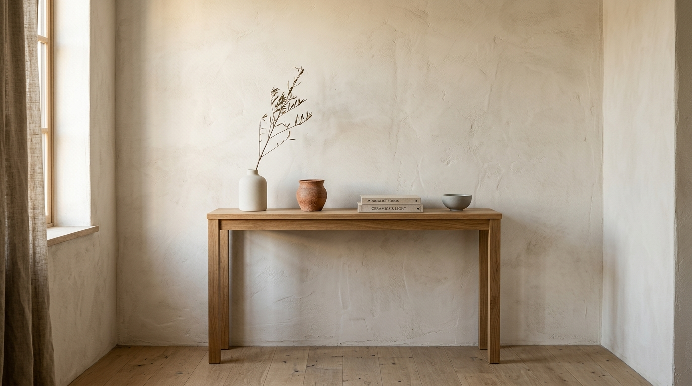 A styled midiminimalist console with a few spaced ceramics, books and a dried branch against a limewash wall