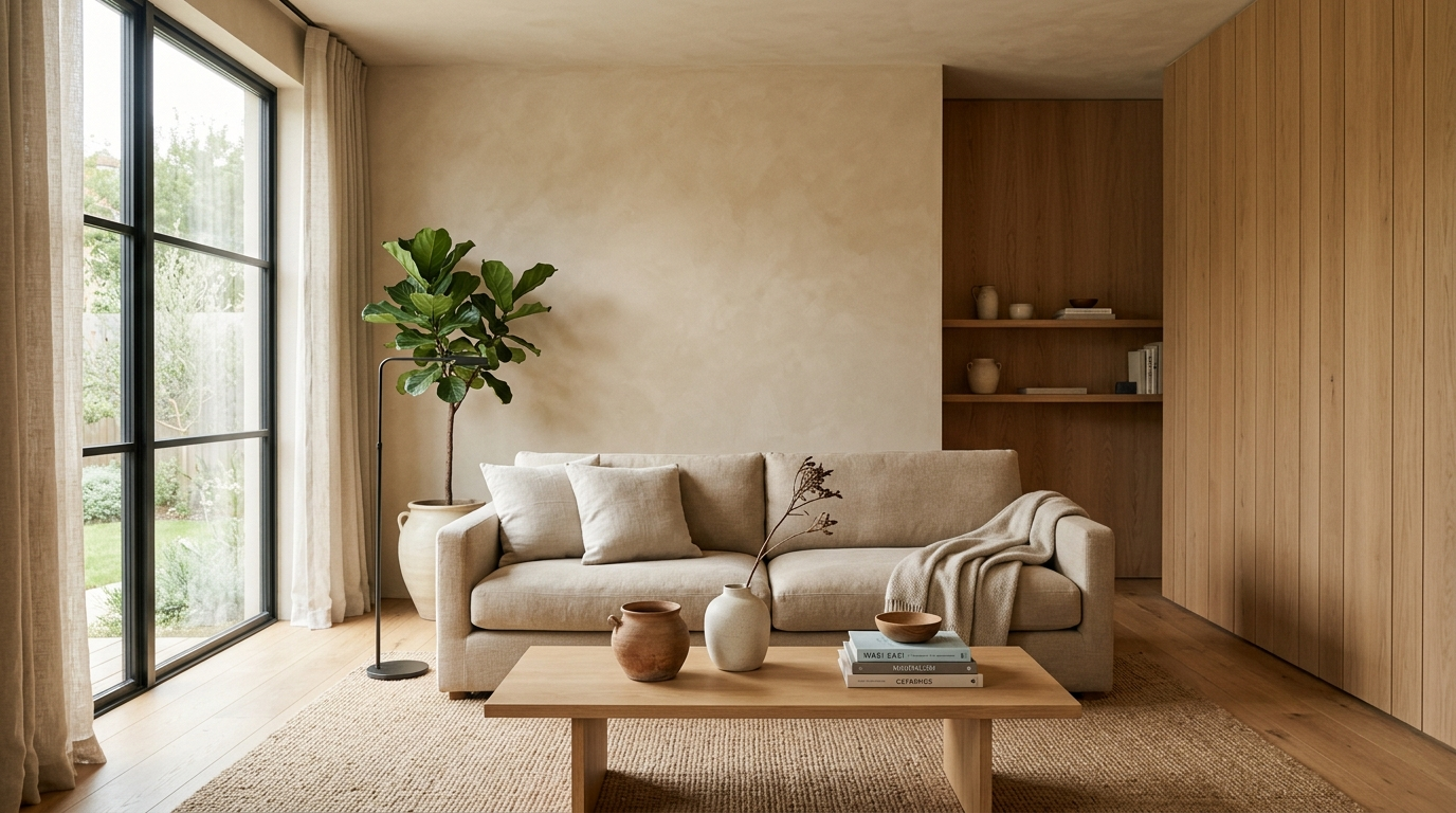 A midiminimalist living room with clean lines, warm limewash walls, wood paneling and a low linen sofa