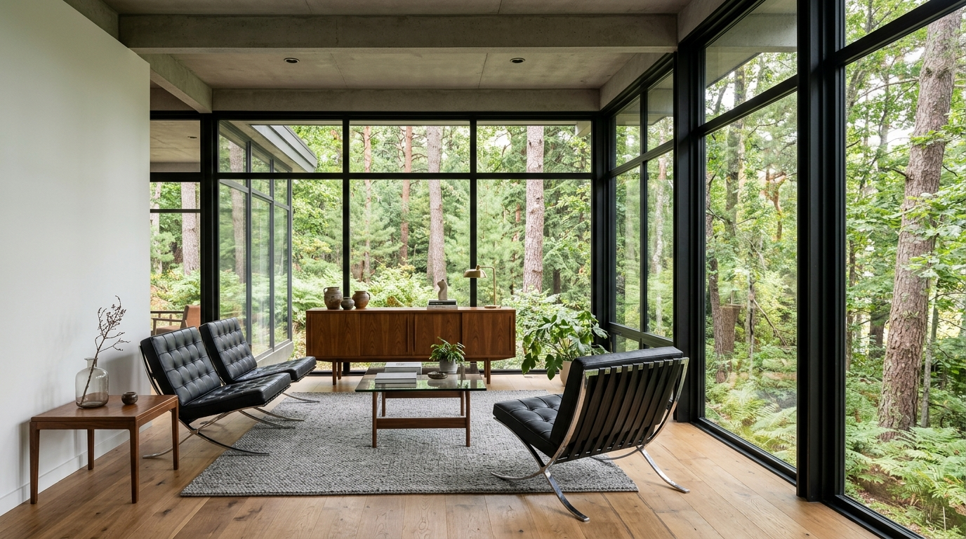 Miesian glass house interior with mid-century furniture and floor to ceiling windows facing woods