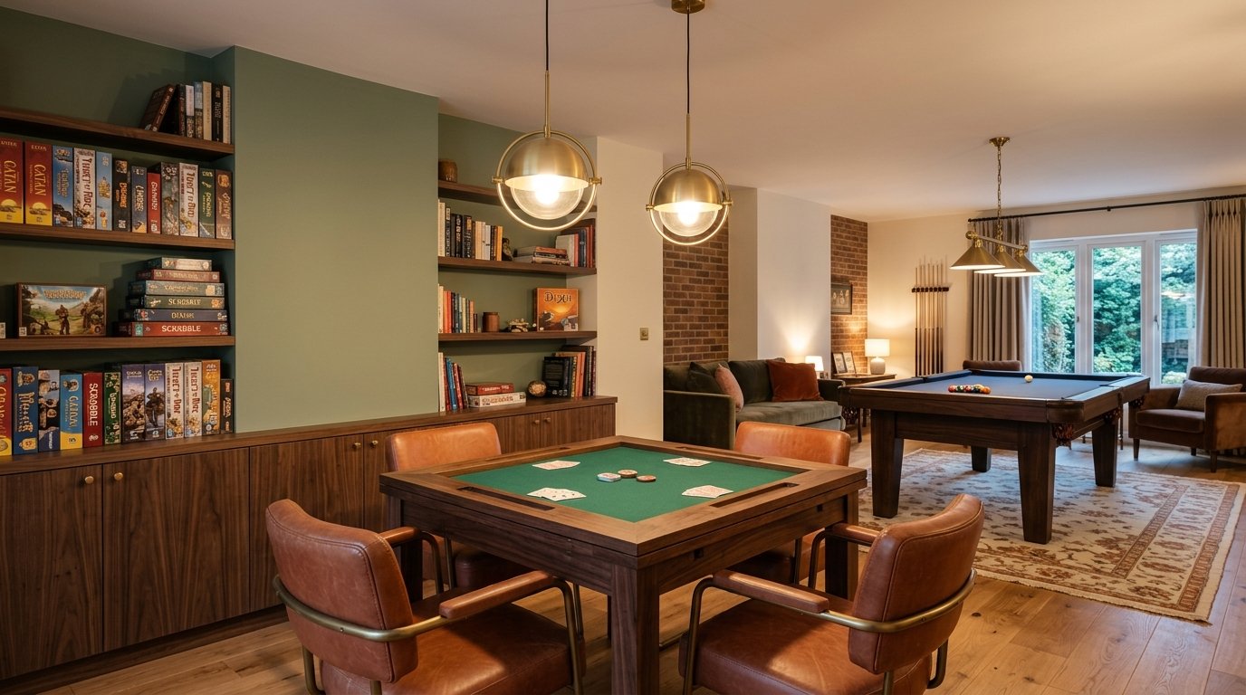 Modern multi-use game room with a square card table under brass pendant lights, walnut shelving filled with board games, sage green accent wall, and a billiard table in the background