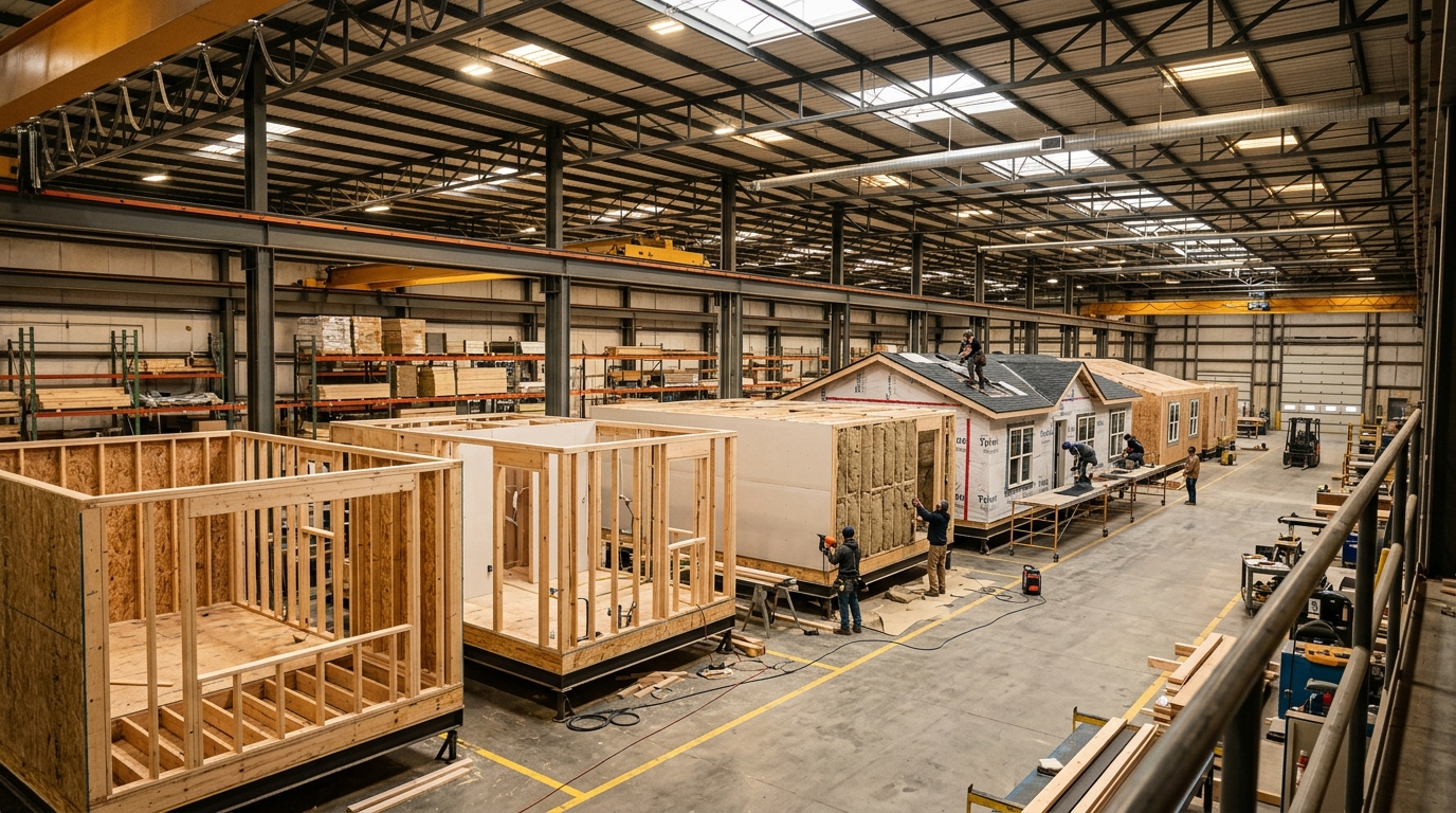 House modules under construction on an indoor factory production line