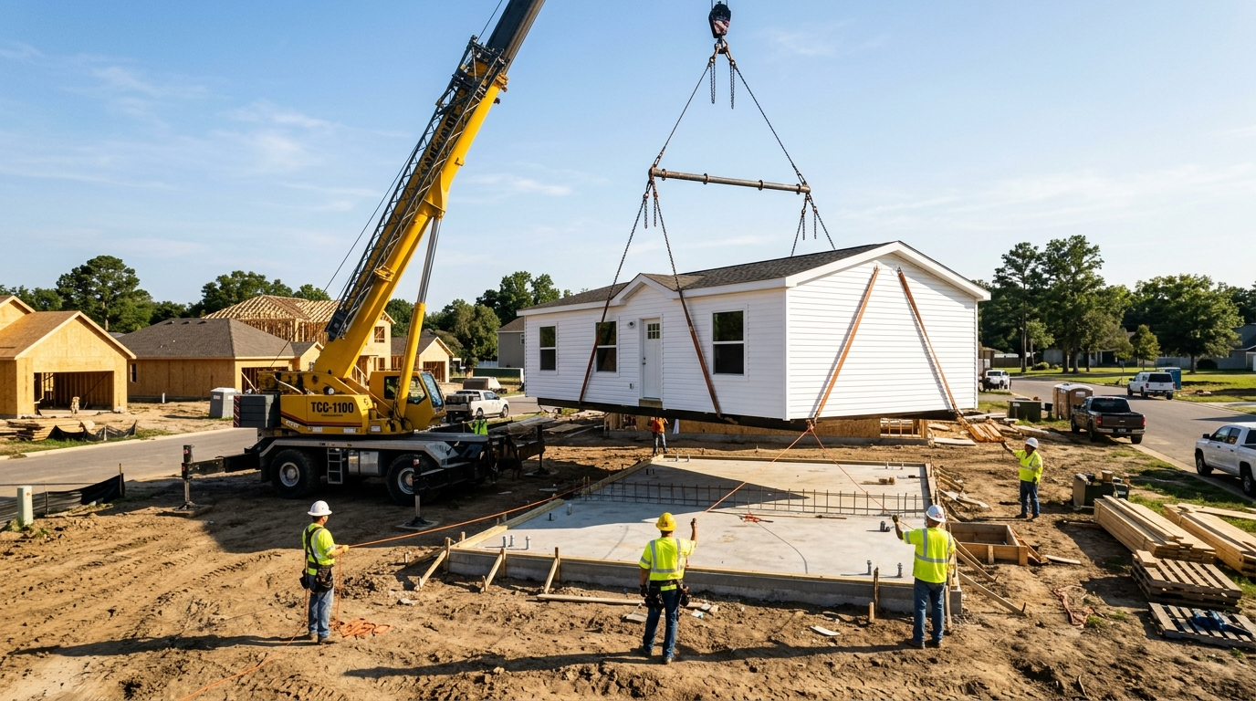 Crane lifting a finished factory-built house module onto a permanent foundation