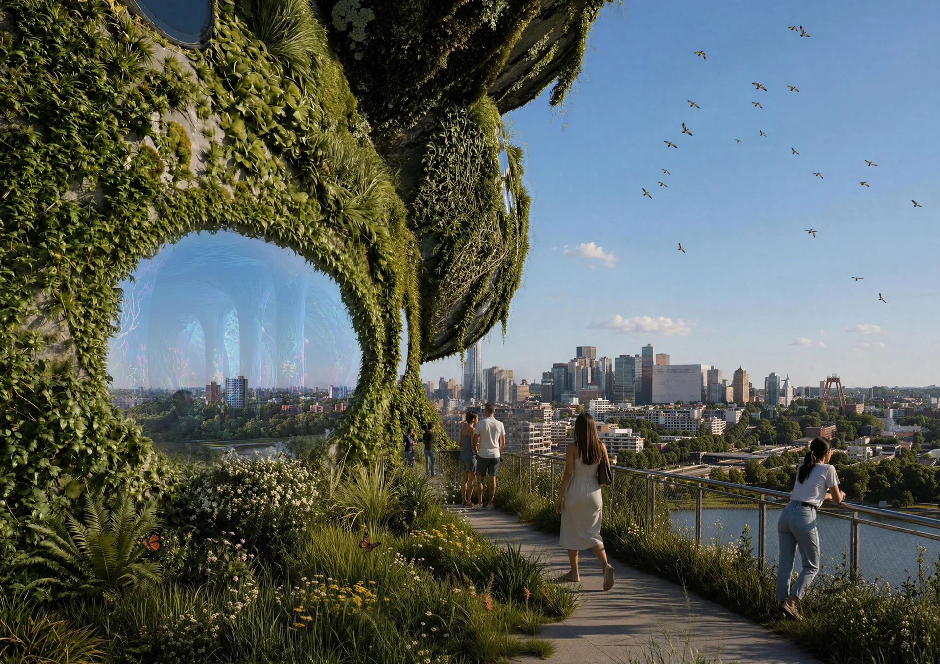 MVRDV Shift Embassy public route rendering with planted terrace and Rotterdam skyline view