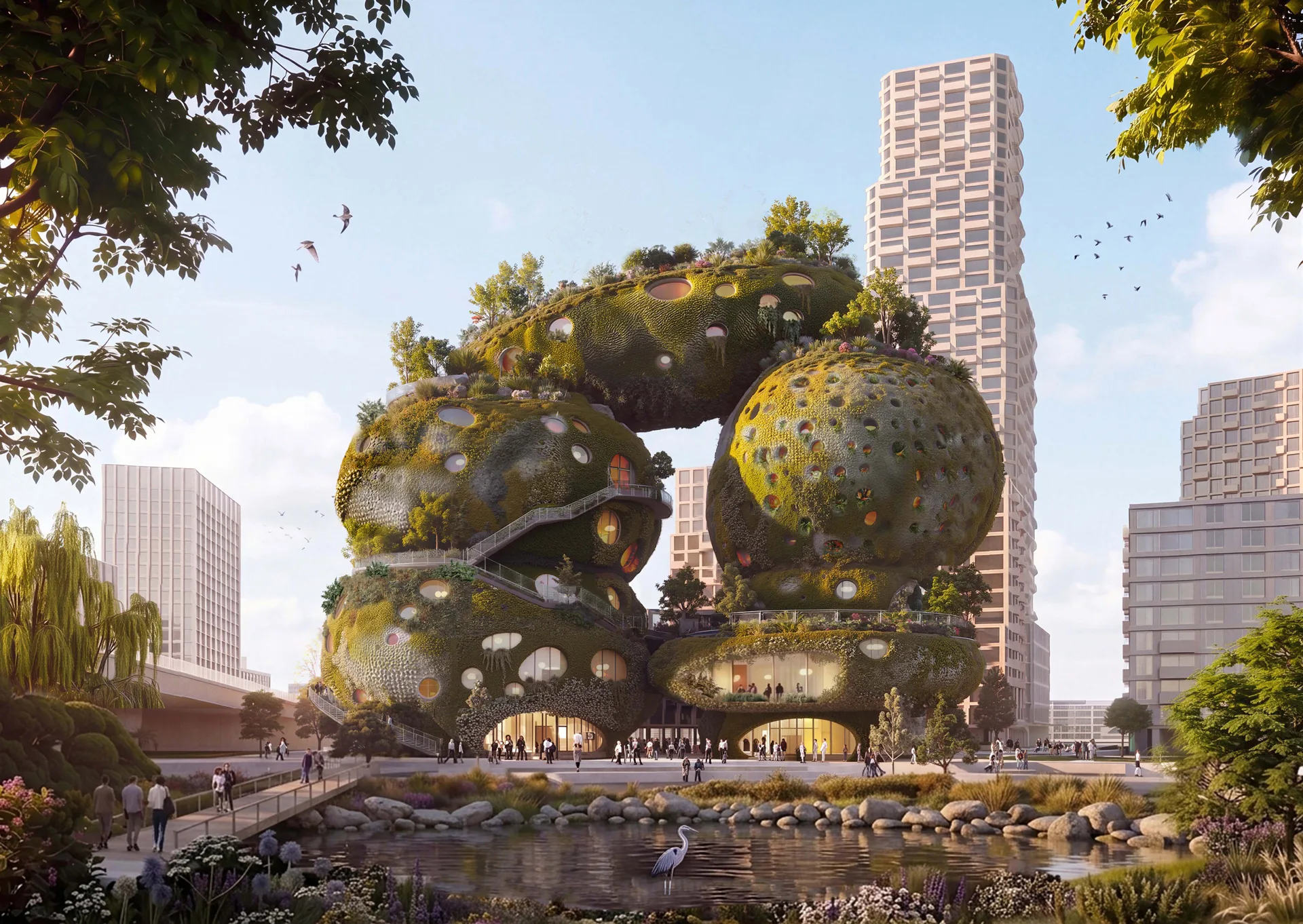 MVRDV Shift Embassy rendering showing seven planted rock volumes beside Rotterdam's Maas waterfront