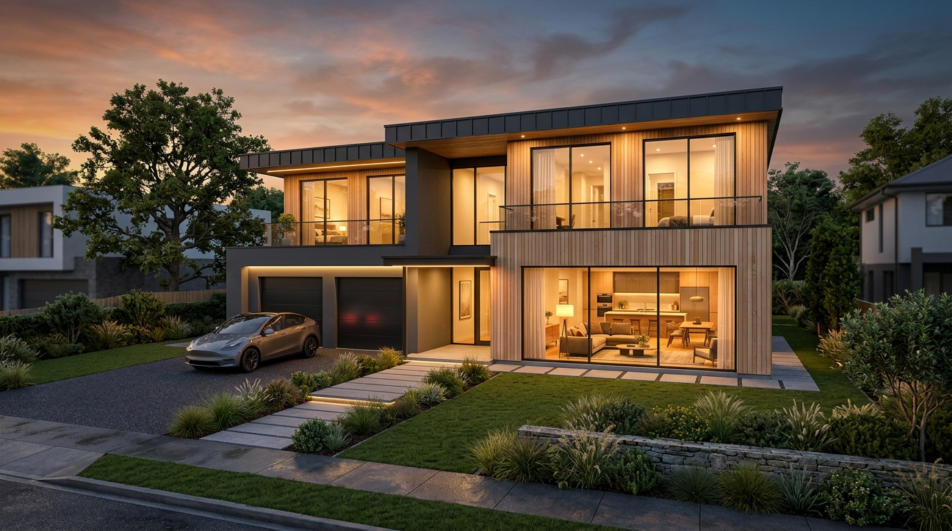 Photorealistic dusk 3D architectural rendering of a modern two-story new-construction home with glowing windows and landscaping
