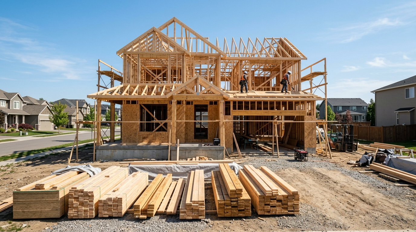 Wood framing of a new American single-family house with stacked framing lumber in the foreground