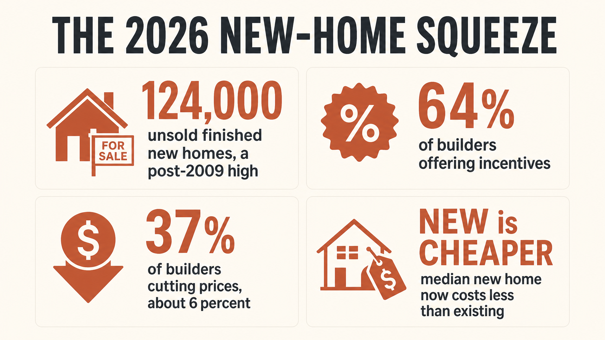 Infographic titled The 2026 New-Home Squeeze showing 124,000 unsold finished new homes, 64 percent of builders offering incentives, 37 percent cutting prices about 6 percent, and new homes now cheaper than existing